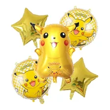 Set 5 Globos Pikachu Con Estrellas Color Dorado