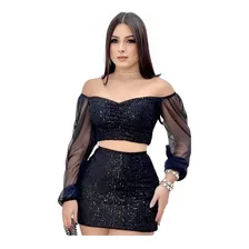 Conjunto Gringa Cropped Manga Longa E Saia Curta Plus Size