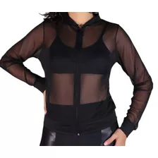 Jaqueta Feminina Tule Bomber Transparente Zíper Manga Longa