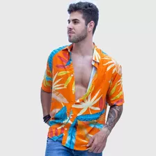 Camisa Masculina De Viscose Estrampada Manga Curta Marrom