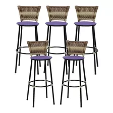 Kit 5 Banquetas Alta Encosto Junco Para Balcão Alto Bar Acabamento Da Estrutura Preta - Banqueta Cappuccino Cor Assento Roxo