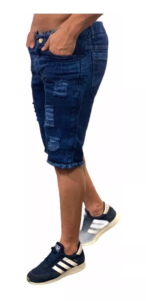 Bermuda Jeans Masculina Da Moda Rasgada Desfiada Com Bolso