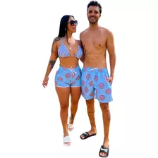 Short Casal Kit Bermudas Estampado 2 Peças Donuts Azul Novo