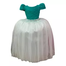 Vestido Infantil Verde Saia Off White Damas Longo C/ Renda