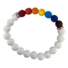 Pulseira 7 Chakras Pedras Vulcanicas Com Branco E Silicone