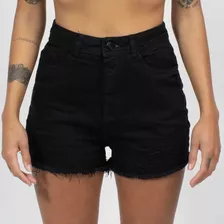 Shorts Feminino Lady Rock Jeans Preto Branco Curto Desfiado