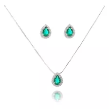 Conjunto Semi Joia Gota De Zircônia Verde Esmeralda Folheado