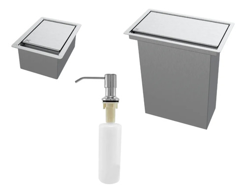 Kit Porta Esponja 9cm+ Lixeira Retangular 5l+ Dispenser Inox Cinza