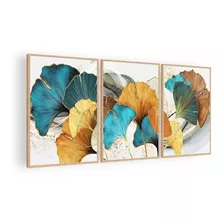 Cuadro Decorativo Mural Triptico Petalos Dorados 126x60 Mdf