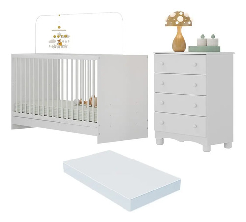 Berço 3 Em 1 Com Colchão E Cômoda Luna Multimóveis Mp4778 Branco
