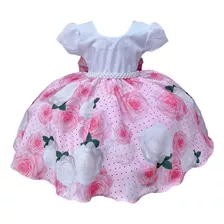 Vestido Infantil Branco Peito Strass Saia Rosa Cinto Pérolas