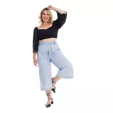  Pantacourt Plus Size Capri Jeans Claro Com Elástico