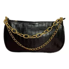 Bolsa Baguete Croco Com Alça De Corrente Cor Preto