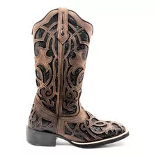 Bota Texana Country Couro Forrada Marrom Com Glitter Preto