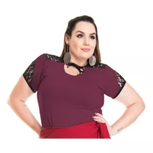 Roupa Feminina Blusa Plus Size Gola Redonda Detalhe Renda+56