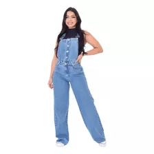 Macacão Calça Jeans Wedi Leg Pantalona Jardineira Feminina 