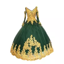 Vestido De Xv Años Verde Con Dorado V1 