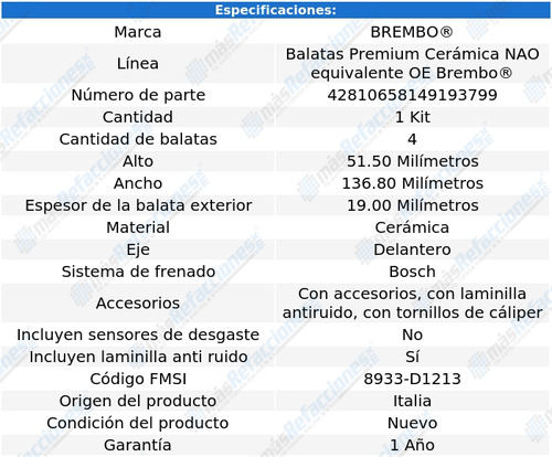 Balatas Delanteras Brembo Cermica Peugeot 301 90 Hdi 12-17 Foto 3