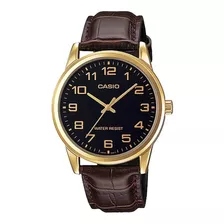 Reloj De Pulsera Casio Enticer Mtp-v001 De Cuerpo Color Dorado, Analógico, Para Hombre, Fondo Negro, Con Correa De Cuero Color Marrón, Agujas Color Dorado, Dial Dorado, Minutero/segundero Dorado, Bise