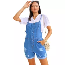 Macaquinho Curto Jeans Feminino Jardineira Botões Blogueiras