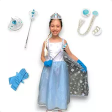 Vestido Fantasia Infantil Princesa Frozen Varinha Coroa Luva