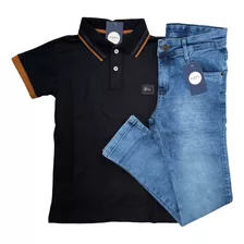 Conjunto Menino Juvenil Calça Sarja Bege Camisa Jeans