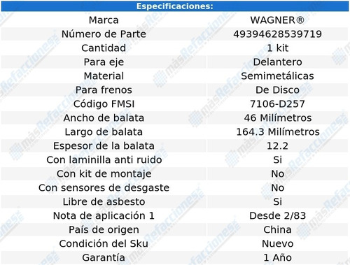 Kit De Balatas Semimetalicas Del Wagner Ln7 1.6l 82 Al 83 Foto 2