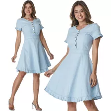 Vestido Jeans Feminino Midi Chemise Camisão Lycra Premium