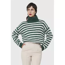 Sweater Holgado Rayado Cuello Alto Verde Nicopoly