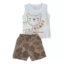 Conjunto Camiseta E Bermuda Baby Bege Safari Tigre Kamylus