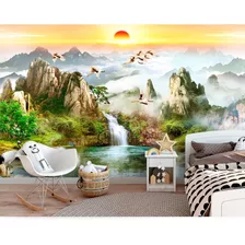 Painel Adesivo Papel Parede Paisagem Cachoeira Sol Aves M²