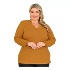 Blusa De Manga Longa - Plus Size - Gola V - Malha Canelada