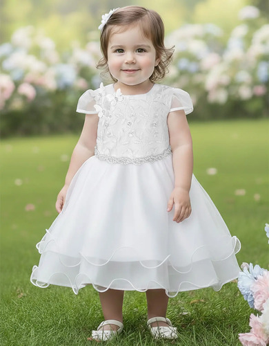 Vestido Infantil Batizado Ful Bord Gode Cinto Perola P/g 1/3