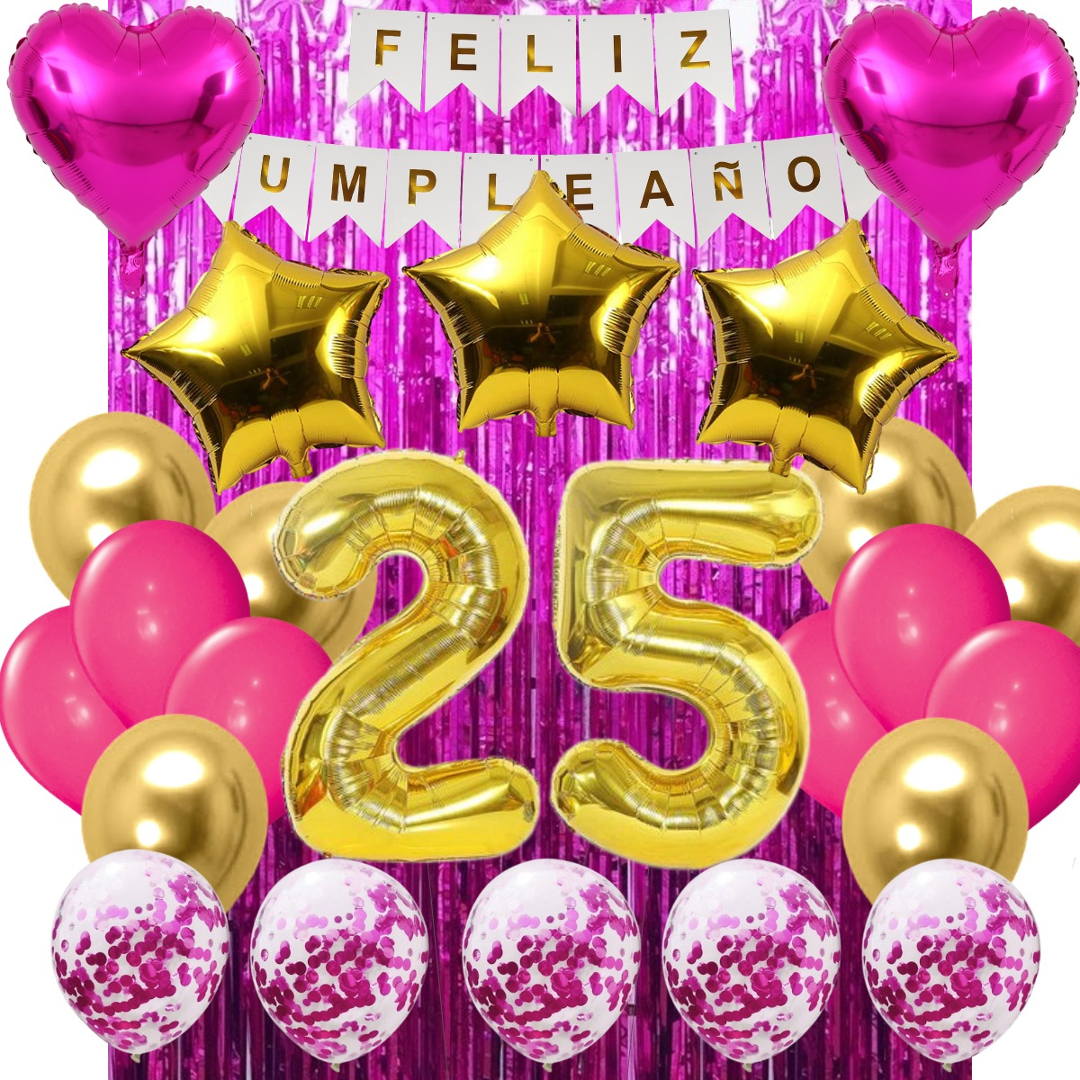 Combo Globos Cumpleaños Fucsia Cortina Plateada Feliz Cumple