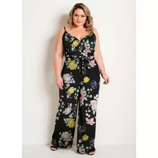 Macacão Pantalona Floral Preto Plus Size