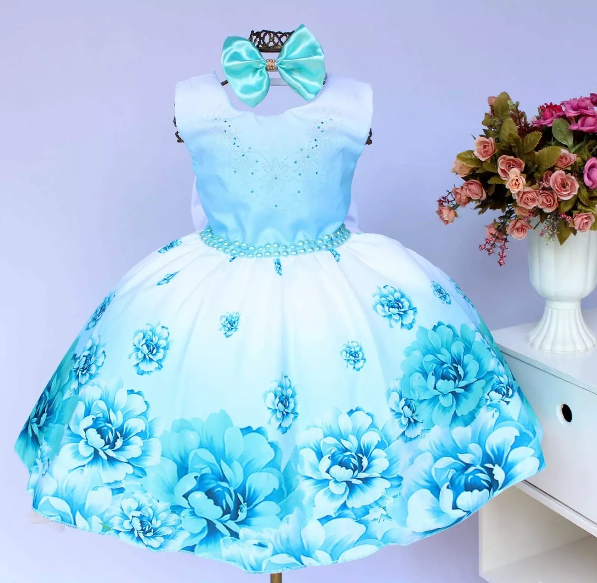 Vestido Festa Infantil Floral Azul Formatura Casamento