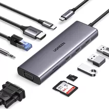 Hub Ugreen 10 En 1 Hdmi Vga Rj45 Sd 3.0 Usb-c, Color Gris Oscuro