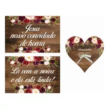 Kit 1 Porta Alianças Coração + 2 Placas De Casamento Mdf