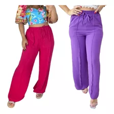 Kit 2 Calça Pantalona Feminina Cintura Alta Cós Largo Duna 