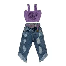 Look Infantil Feminino Cropped Para Criança Calça Jeans Luxo