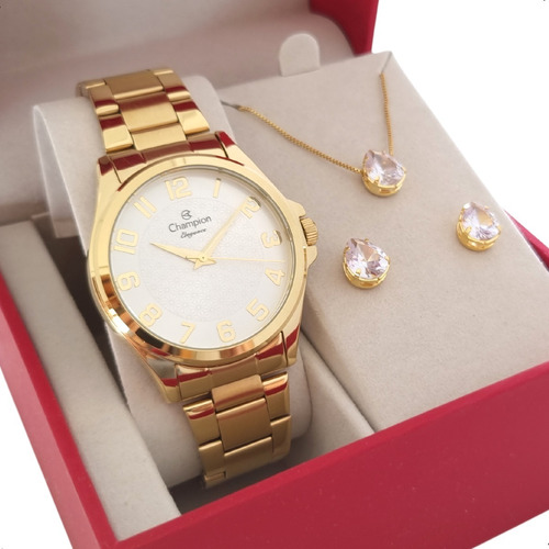 Relógio Champion Feminino Dourado Kit Colar Brincos Original