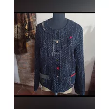 Blazer Saco Corto Azul Bucle Lana Desigual 44 Patchwork Boto