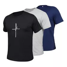 Camisetas Masculinas De Algodão Premium Fé Slim Camisa 3 Peç