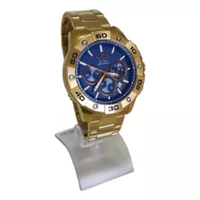 Relogio Dourado Masculino Vip Cronografo Grande Fundo Azul