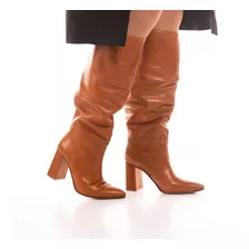 Bucaneras Arrugadas Botas Altas Cuero Moda Mujer Negra Taco