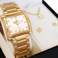Relógio Champion Feminino Analógico Dourado Quadrado Cor Do Fundo Branco