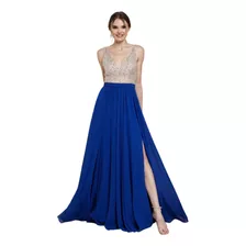 Vestido Largo Elegante Azul Con Aplicaciones De Tirantes