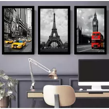 Quadro 60x20cm New York Paris Londres Preta