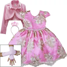 Vestido Princesa Realeza Rosa Dourado Daminha Com Kit