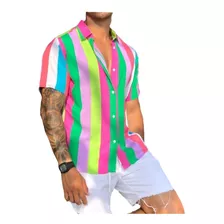 Camisa Colorida Masculina Social Slim Curta Estampada